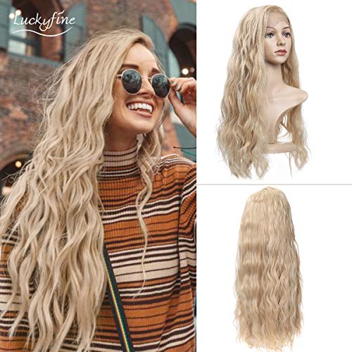 Product Cover Long Light Blonde Lace Front Wigs GLAMADOR Women Synthetic Wavy Hair Wig, Loose Curly Wave Holloween Costume Cosplay Wigs,Half Hand Tied Repalcement Wig with Natural Hairline,Wig Cap Included 24 inch