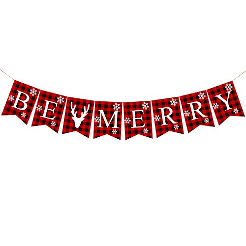 Product Cover Plaid Be Merry Banner Cotton Burlap Christmas Rustic Bunting Banner for Christmas Hanging Decorations