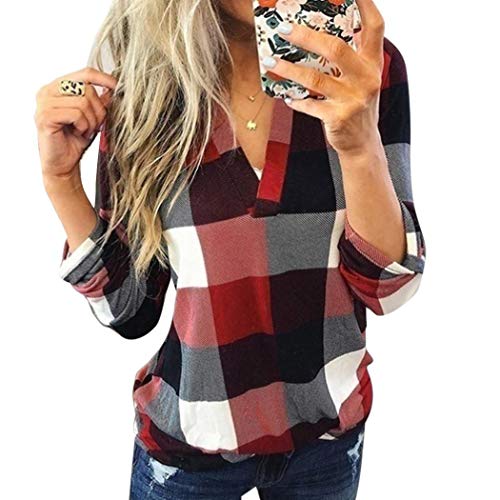 Product Cover Cascat Women Casual Top V-Neck Long Sleeve Plaid Patchwork Pullover Blouse Blouses Red