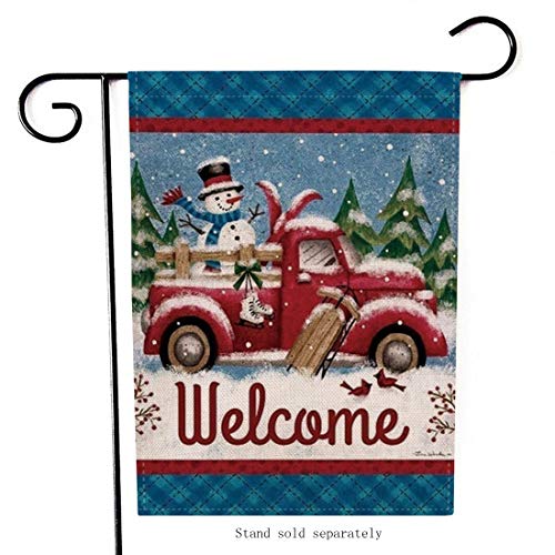 Product Cover Artofy Welcome Christmas Garden Flag, Decorative Merry Xmas Outdoor Flag Sign with Snowman Red Truck, Rustic Burlap House Yard Garden Flag Winter Outside Decoration Seasonal Home Decor Flag 12 x 18