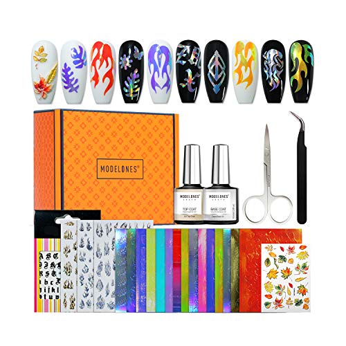 Product Cover Modelones Flame Nail Decals Stickers Full Kit - 20PCS Holographic Fire Flame Nail Art Decals 3D Nail Stencil for Nails Manicure Tape DIY Decoration With Scissors and Tweezers