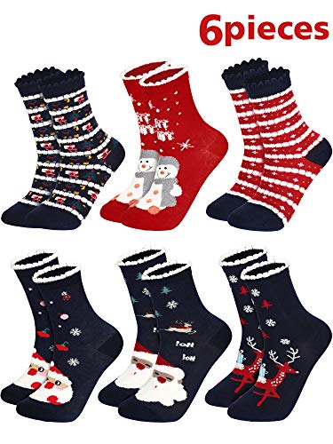 Product Cover Boao 6 Pairs Christmas Holiday Socks Cotton Knit Crew Socks Warm Fuzzy Socks Colorful Cozy Slipper Socks (Color Set 2)