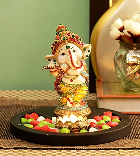 Product Cover TIED RIBBONS Ganesha Idol Playing Bansuri with Wooden Flower Tealight Candle Colorful Stones and Wooden Base - Diwali Decoration Item for Home - Diwali Gifts for Family and Friends