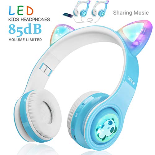 Product Cover WOICE Bluetooth Headphones, Cat Ear LED Light Up Wireless Foldable Headphones Over Ear with Mic, Music Sharing Function and 85db Limited for iPhone/iPad/Smartphones/Laptop/PC(Sky Blue)