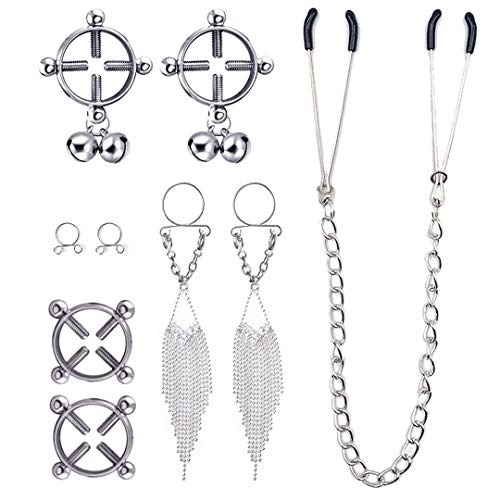 Product Cover FANCER 6 PCS Non-Piercing Nipple Rings + 1 Adjustable Nipple Clips Clamps for Women, Stainless Steel Faux Fake Body Piercings Screw with Bell Dangle Nipple Rings Jewelry