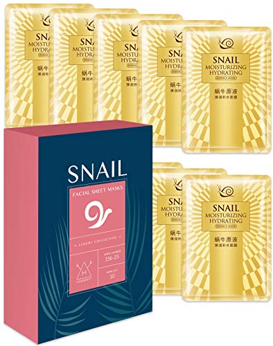 Product Cover Hawwwy Snail Face Mask Sheet 10-Pack Full Natural Snail Mucin Facial Masks for Skin Care Repair Moisturizer Anti Aging Acne Best Peel Off Facemasks Sheet Mask Products for Men or Women