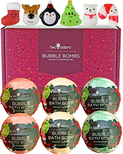 Product Cover Christmas Squishy Bubble Bath Bombs for Kids with Surprise Squishy Toys Inside by Two Sisters. 6 Large 99% Natural Fizzies in Gift Box. Moisturizes Dry Skin. Releases Color, Scent, Bubbles
