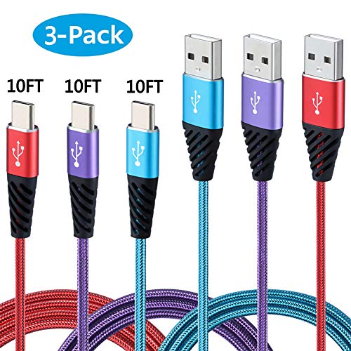 Product Cover Bynccea USB Type C Cable 10FT 3-Pack USB C Cable Fast Charging Cord Cell Phone Charger Cables Nylon Braided Compatible with Samsung Galaxy S10 S9 S8 Note 10 9 8 Pixel LG V30 V20 G6 G5 Switch MacBook