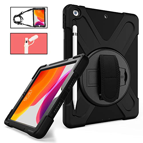 Product Cover iPad 10.2 Case 2019 with Pencil Holder, TSQ iPad 7th Generation Case Heavy Duty Shockproof Hard Durable Rugged Protective PC Case with Hand Strap/Stand/Shoulder Strap for iPad 7th Generation,Black