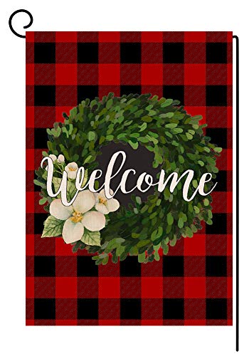 Product Cover BLKWHT Christmas Small Garden Flag Welcome Red Black Buffalo Boxwood Wreath Vertical Double Sided Winter Burlap Yard Outdoor Decor 12.5 x 18 Inches (102809)