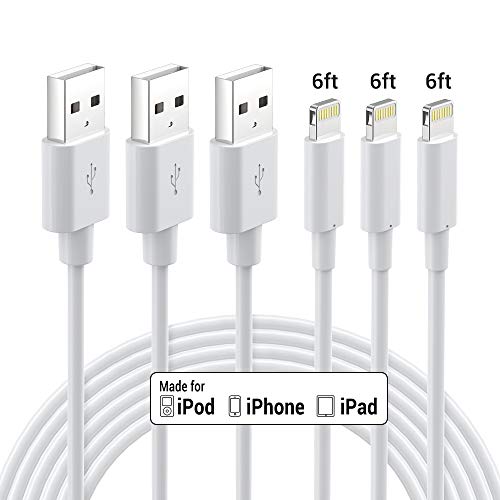Product Cover Lightning Cable Apple MFi Certified - Nikolable 3Pack 6FT Lightning to USB-A Cable for iPhone Charger, Durable Fast Charging Cord Compatible with iPhone 11 Pro Max XS XR 8 7 6 Plus 5S iPad iPod, White