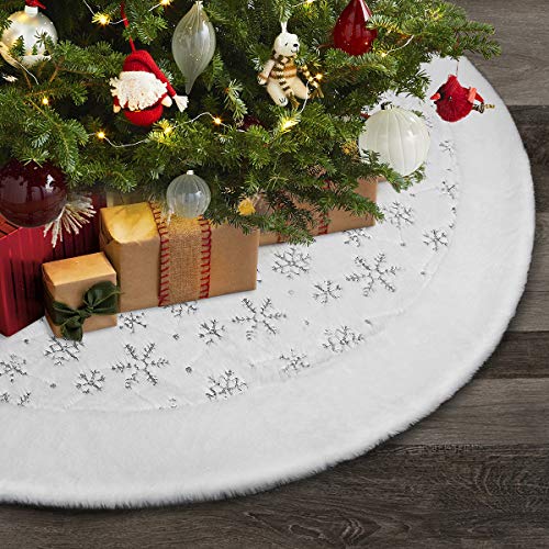 Product Cover Townshine 48 Inch Christmas Tree Skirt White Faux Fur Sequin Snowflakes Tree Skirt Soft Thick Plush Mat Xmas Holiday Party Decorations