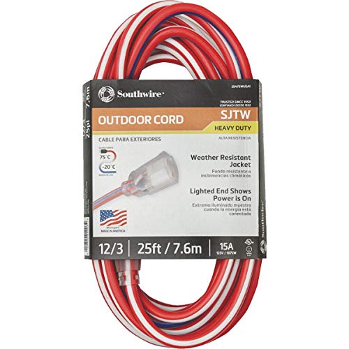 Product Cover Southwire 2547SWUSA1 25-Feet, Contractor Grade, 12/3, Lighted End Red White and Blue, American Made Extension Cord, Indoor and Outdoor Use, Water Resistant Flexible Jacket, Foot