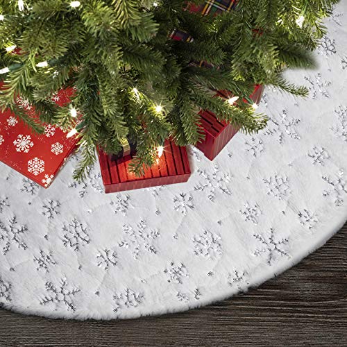 Product Cover Townshine 48 Inch White Christmas Tree Skirt Faux Fur Silver Large Fur Tree Skirt Soft Thick Plush Mat Xmas Holiday Party Decorations ... (Snowflakes White Fur Tree Skirts)