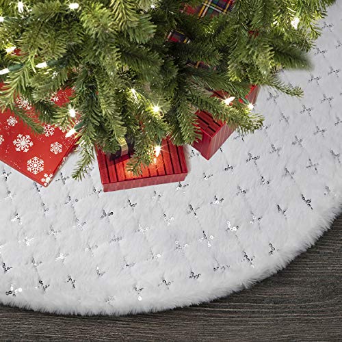 Product Cover Townshine 48 Inch White Christmas Tree Skirt Faux Fur Silver Large Fur Tree Skirt Soft Thick Plush Mat Xmas Holiday Party Decorations ... (Star White Fur Tree Skirts)