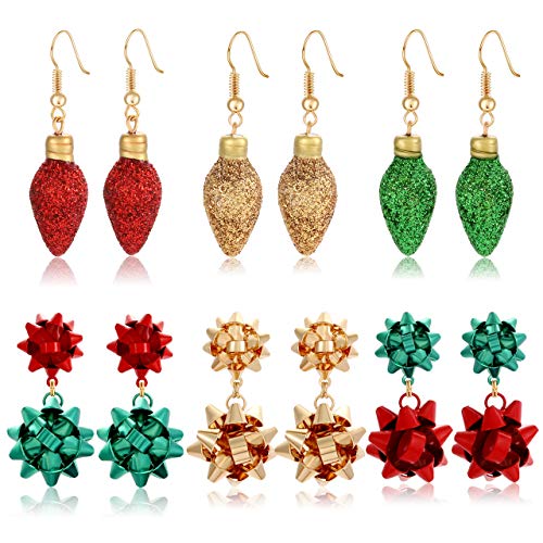 Product Cover 6pairs Christmas Drop Earrings Xmas Present Bow Earrings Glitter Light Bulb Dangle Earrings Christmas Jewelry Holiday Stud Earrings for Women Girls