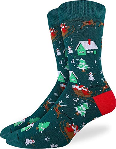 Product Cover Good Luck Sock Men's Santa on a Sled Christmas Socks - Green, Shoe Size 7-12