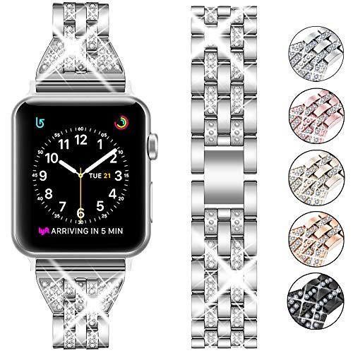 Product Cover Supoix Compatible with Apple Watch Band 42mm 44mm 38mm 40mm, Women Jewelry Bling Diamond Rhinestone Replacement Metal Wristband Strap for iWatch Series 5/4/3/2/1(Silver)