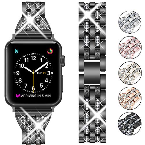 Product Cover Supoix Compatible with Apple Watch Band 42mm 44mm 38mm 40mm, Women Jewelry Bling Diamond Rhinestone Replacement Metal Wristband Strap for iWatch Series 5/4/3/2/1(Black)