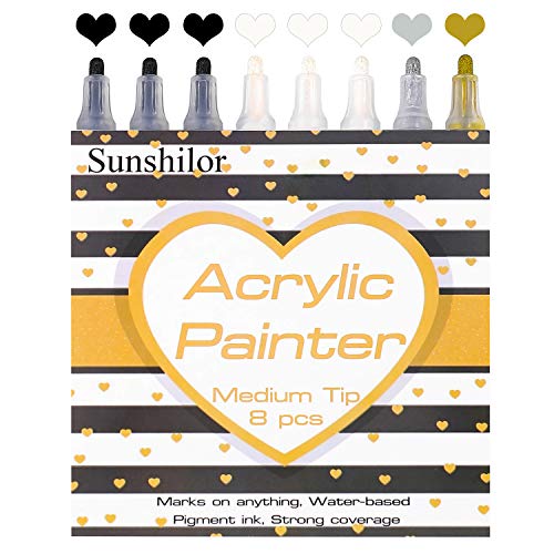 Product Cover Paint Pens for Rock Painting, Stone, Ceramic, Wood, Wine Glass, Canvas, Fabric, Metal, Scrapbooking, Set of 8 Medium Tip Acrylic Paint Pens Black White Gold Silver