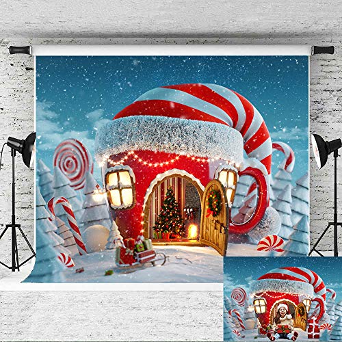 Product Cover BEAF 7x5ft Christmas Whoville Candy Canes House Backdrop Winter Snow Fairy Tale Snowflake Xmas Party Decoration Baby Kids Photography Background for Selfie Pictures Photo Studio Booth Props