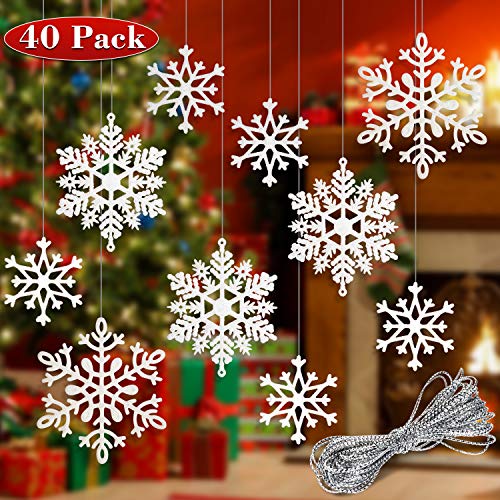 Product Cover Whaline 40 Pcs 2020 New Year Hanging Decorations Winter White Glitter Snowflake Hanging Ornaments with 197 Inches Silver Rope, Winter Theme Decorations Home Window Door Accessories