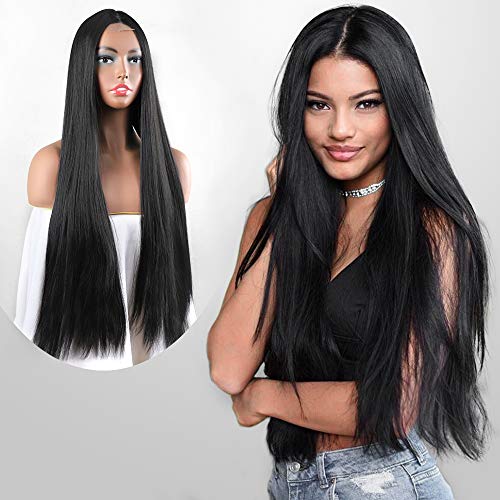 Product Cover HMD 30 Inches Long Black Wig Straight Hair Wigs for Women Natural Looking Middle Part Wigs Long Straight Black Wig Synthetic Heat Resistant Fiber Daily Party Wear (Color:Black)