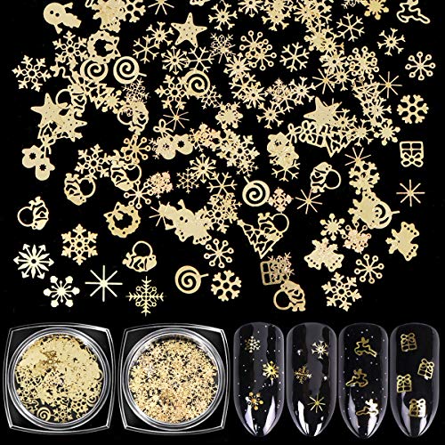 Product Cover KISSBUTY 2 Boxes Snowflakes Nail Art Sequins Christmas Nail Art Decals 3D Christmas Gold Metal Slices Nail Stickers DIY Snowflakes Nail Decals Manicure