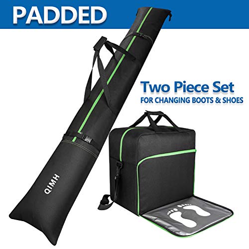 Product Cover QiMH Padded Ski Bag & Boot Bag Combo - Ski Boot Travel Bag Fit Skis Up to 200 cm & Boots Size 13 - Padding 5mm Foam Ski Gear Bag - Waterproof - Store & Transport Skis