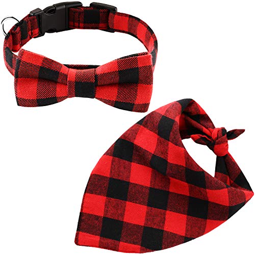Product Cover 2 Pieces Christmas Dog Bandana and Collar Set Plaid Triangle Scarf and Adjustable Bowtie Collar for Christmas Pet Dog Cat Costume Supplies (S)