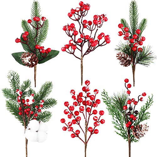 Product Cover YoungJoy 6 Pieces Christmas Pine Picks Red Holly Berries with Artificial Snowy Pine Cones and Berry Branches for Christmas Tree Ornament Home Decor Flower Arrangement (Green Pine and Berries)