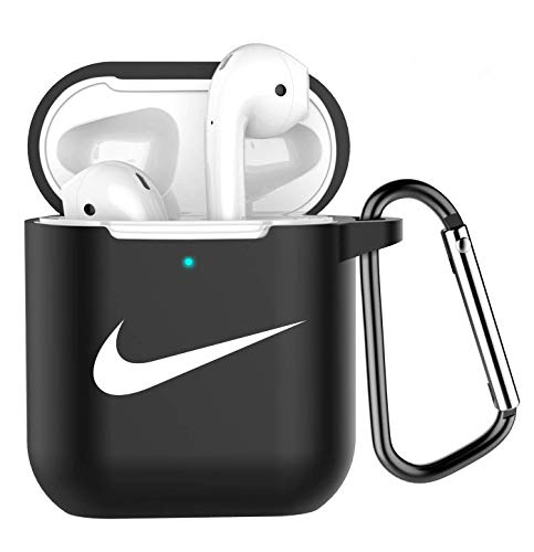 Product Cover Bqmte Upgrade Compatible for AirPods Case with Keychain [Front LED Visible] Accessories Silicone Cover Skin for AirPods Charging Case 1&2 (Black-N)