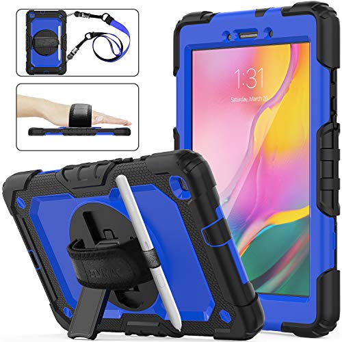 Product Cover SEYMAC Stock Samsung Galaxy Tab A 8.0 SM-T290/T295/T297 Case, Shockproof Full-Body Rugged Armor Case with 360 Rotating Stand Pen Holder Screen Protect Hand Strap for Samsung Tab A 8.0 (Blue+Black)