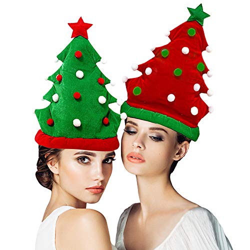 Product Cover 2 Pack Plush Christmas Tree Hats Santa Hats Christmas Tree Ball Cap Xmas Ugly Sweater Theme Novelty Hats Funny Party Hats for Adults Christmas Decorations (green + Red)