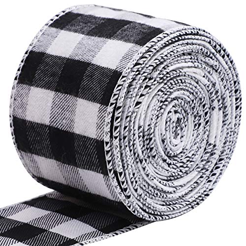 Product Cover URATOT White and Black Plaid Burlap Ribbon Christmas Wired Ribbon Wrapping Ribbon for Christmas Crafts Decoration, Floral Bows Craft, 236 by 2.48 Inch (Color D, 6.3cm x 6m)