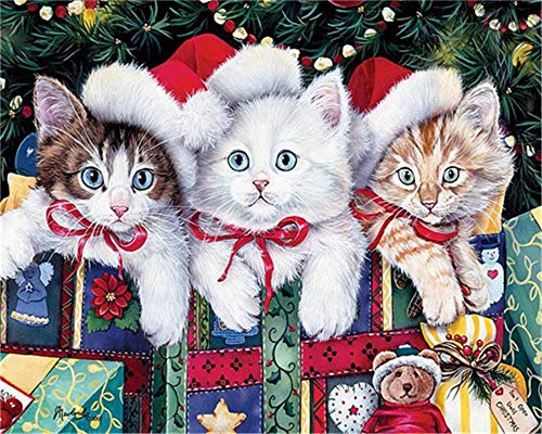 Product Cover CaptainCrafts New Paint by Numbers Kits for Adults Beginner Children Kids DIY Pre-Printed Linen Canvas Oil Painting Home House Decor Gift 16x20 inch - Christmas Cat Gift (Frameless)