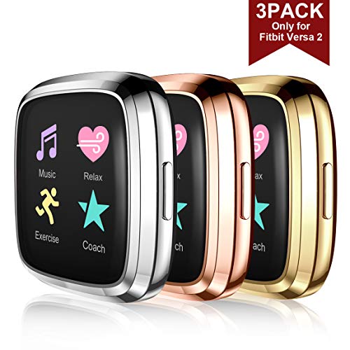 Product Cover Maledan Screen Protector Compatible with Fitbit Versa 2 Case, 3 Pack Full Protective Case Cover Scratch Resistant Shock Absorbing Accessories for Fitbit Versa 2 Smartwatch, Gold/Silver/Rose Gold