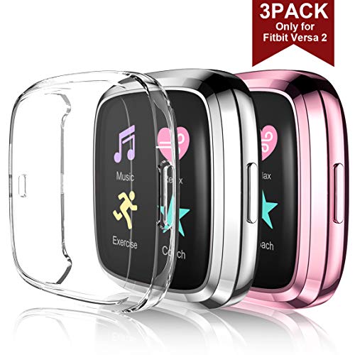 Product Cover Maledan Compatible with Fitbit Versa 2 Screen Protector Case, Full Protective Case Cover for Fitbit Versa 2 Smartwatch Bands Accessories, 3 Pack Clear/Rose Pink/Silver