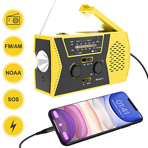 Product Cover Emergency Radio 2020 New Version Bonpro Weather Radio with Solar and Crank Charger with Flashlight, Reading Lamp and 2000mAh Power Bank NOAA Weather Radio
