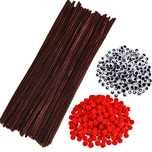 Product Cover 750 Pieces Christmas Pipe Cleaners Set, Including 150 Pieces Brown Pipe Cleaners Chenille Stems, 200 Pieces Red Pom Poms and 400 Pieces Wiggle Googly Eyes for Christmas DIY Crafts Making