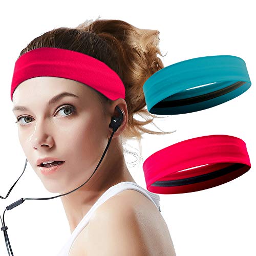 Product Cover XIXOV Workout Headbands for Women, 2 Pack Stay Put Sweatbands for Women, Head Bands Women Hair, Non-Slip Elastic Sweat Band Head Bands for Sports, Yoga, Fitness, Athletic, Bike (Red + Blue)