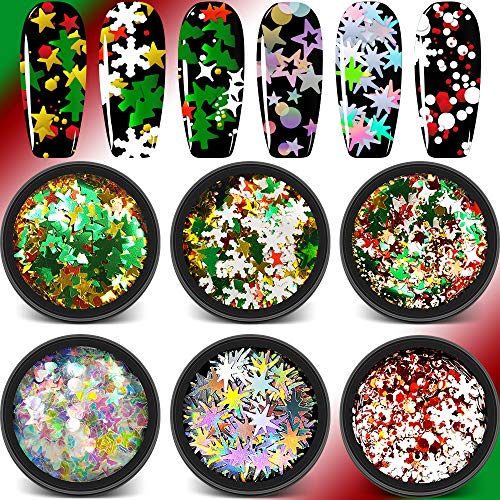 Product Cover Christmas Nail Glitter - 6 Pots Holographic Nail Sequins, Chunky Snowflake Tree Star Iridescent Mermaid Flake Laser Sparkly Confetti Glitter for for Winter Nail Art Design Make Up