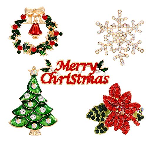 Product Cover TIKCOOL Christmas Brooch Pin for Women Kids Christmas Snowflake Tree Poinsettia Flower Wreath Brooches Pins Set of 5 PC
