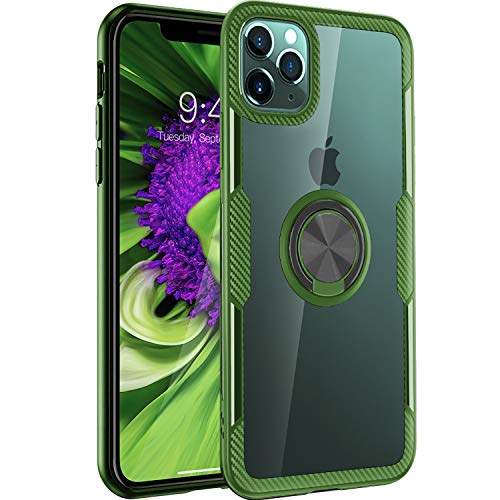 Product Cover iPhone 11 Pro Max Case 6.5 inch 2019, Carbon Fiber Design Clear Crystal Case with 360 Degree Rotation Finger Ring Holder Kickstand(Work with Magnetic Car Mount) for Apple iPhone 11 Pro Max,Army Green