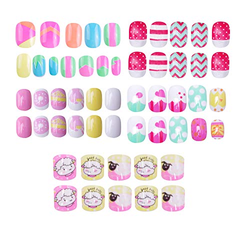 Product Cover Laza 120pcs Children Nails Press On Pre-glue Full Cover Gradient Color Rainbow Sparkling Wave Lamb Polka Dot Heart Donuts Cake Short False Nail Kits for Kids Teenager Girls - Colorful Snowman