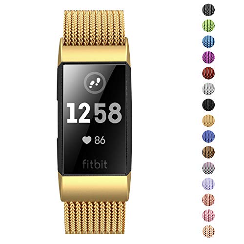 Product Cover Fitlink Stainless Steel Metal Replacement Bands for Fitbit Charge 3 and Charge 3 SE for Women Men,Multi Color Multi Size(Gold,Small(5.5 ''- 8.5''))