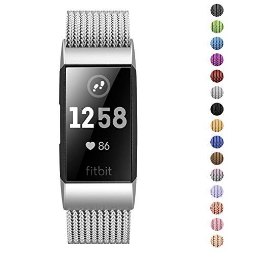 Product Cover Fitlink Stainless Steel Metal Replacement Bands for Fitbit Charge 3 and Charge 3 SE for Women Men,Multi Color Multi Size(Silver,Large(6.1 ''- 9.9''))