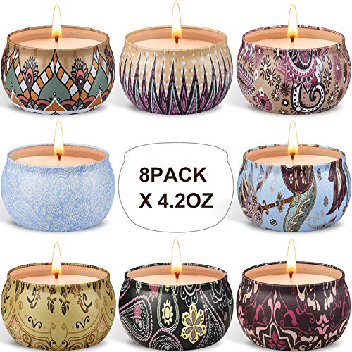 Product Cover Arosky 8 x 4.2 Oz Scented Candles Gift Set, Natural Aromatherapy Soy Wax Candle in Portable Travel Tin for Women, Weddings, Birthdays, Mother's Day, Halloween, Thanksgiving, Christmas Decorations