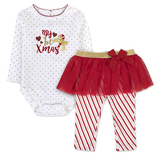 Product Cover Christmas Baby Girl Outfits - Baby Holiday Clothes, Rompers with Tutu Attached for Ages 3-6 Months (White Hearts Christmas, 3 Months)
