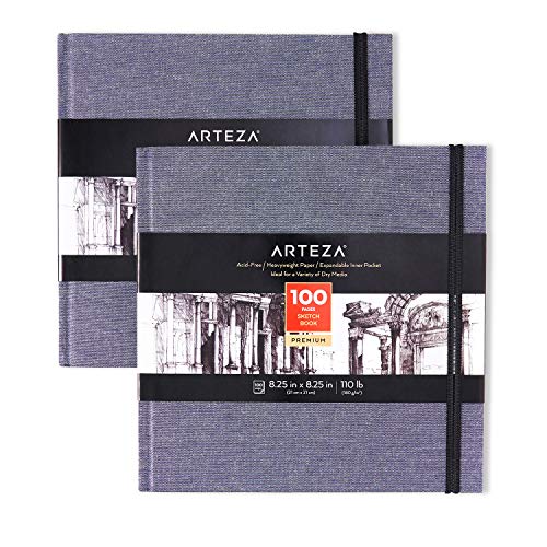 Product Cover Arteza Art Sketch Book, 8.25x8.25 inch, 100 Sheets, Dusty Blue Square Linen-Bound Hardcover, 2-Pack, 110lb, 180gsm, Acid-Free Sketchbooks for Drawing with Dry Media